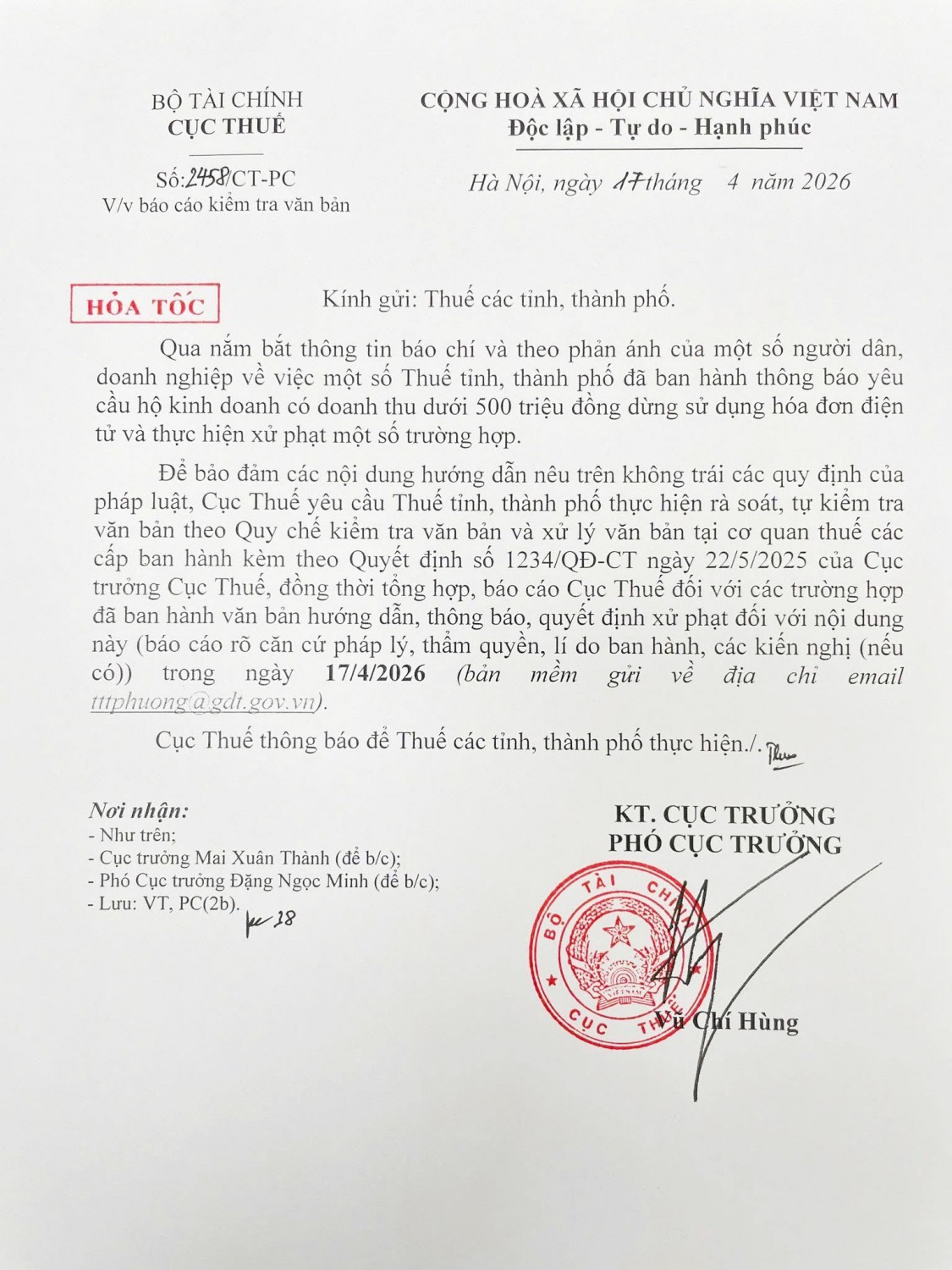 cong van so 2548 kiem tra bao cao ve viec hkd doanh thu duoi 500 trieu dung su dung hddt 1