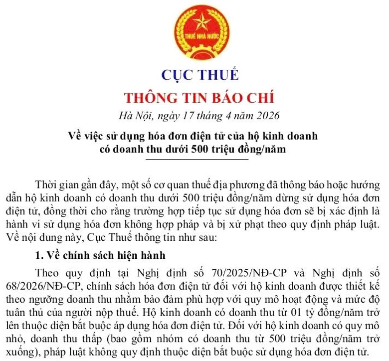 HKD có doanh thu dưới 500 triệu đồng/năm vẫn được sử dụng HĐĐT