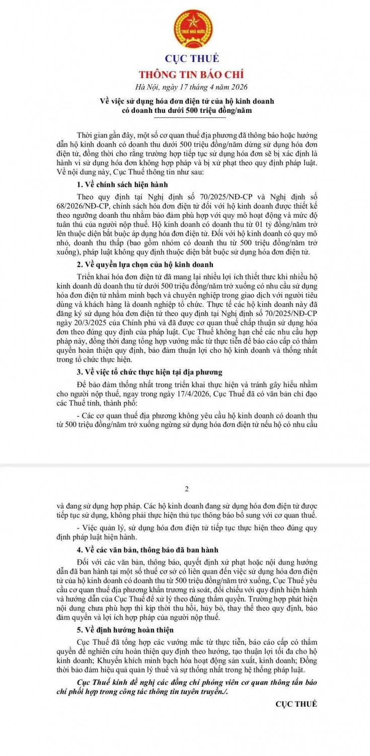 hoa toc Cong van 2458 yeu cauhkd doanh thu duoi 500 trieu ngung su dung HDDT