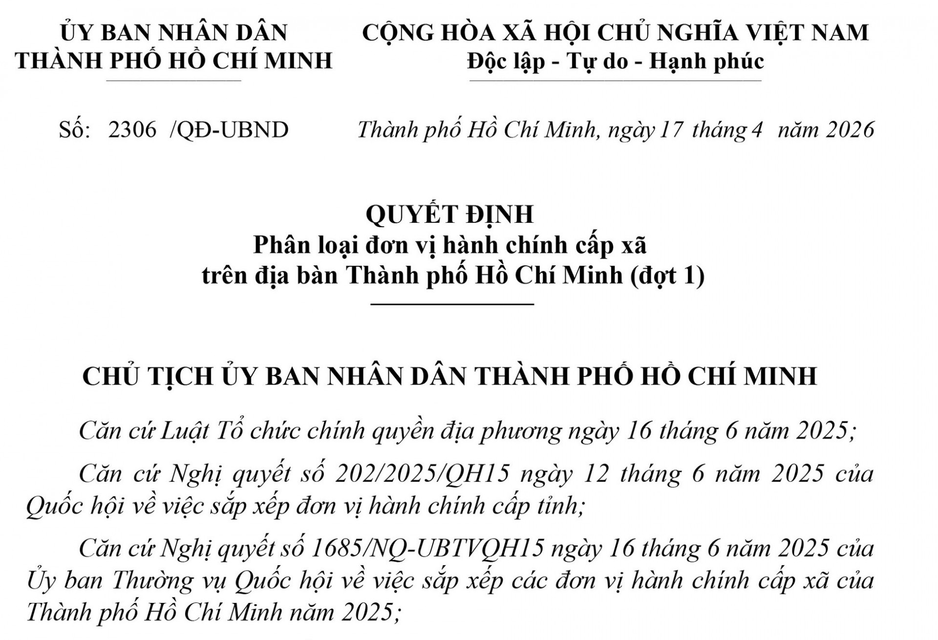 TP.HCM công bố kết quả phân loại ĐVHC cấp xã năm 2026 (đợt 1)