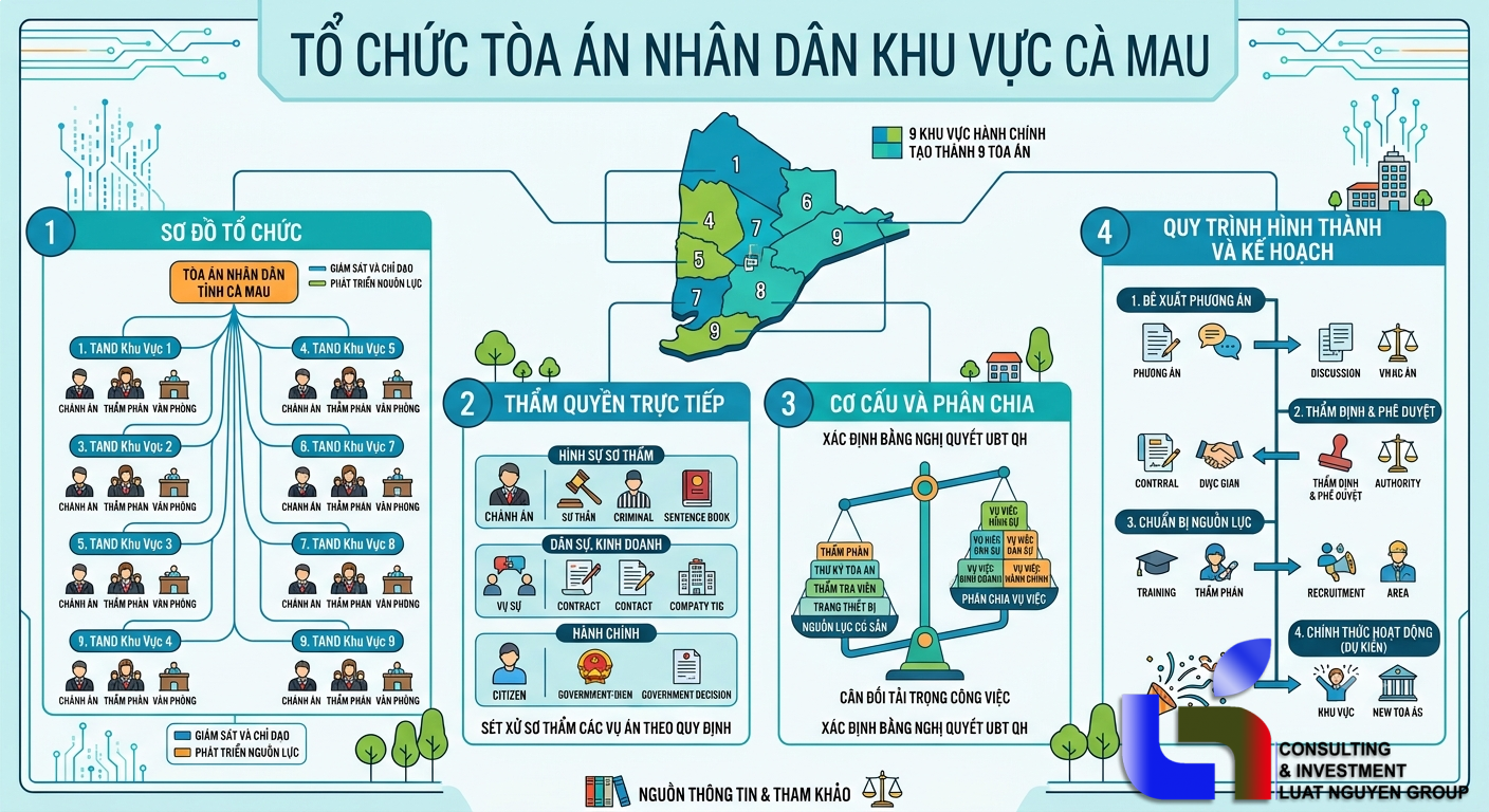 Danh sách 9 Tòa án nhân dân khu vực tại tỉnh Cà Mau từ 1/7/2025.