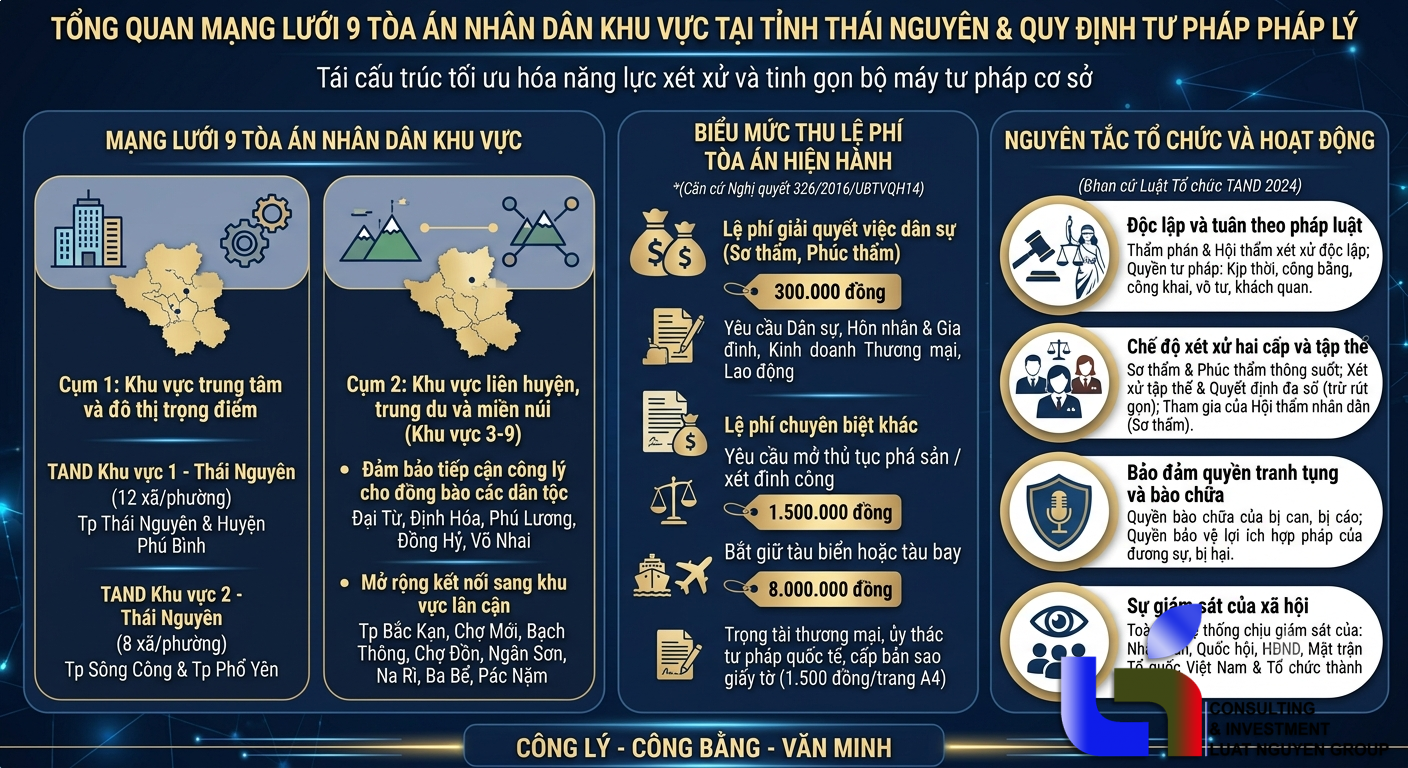Mạng lưới TAND khu vực Thái Nguyên và biểu phí tư pháp