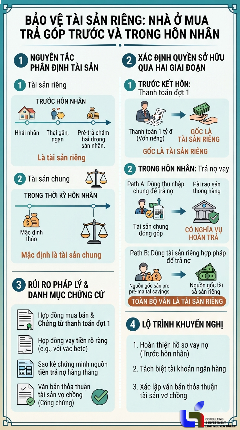 Mua nhà trước kết hôn trả nợ sau kết hôn: Tài sản chung hay riêng.