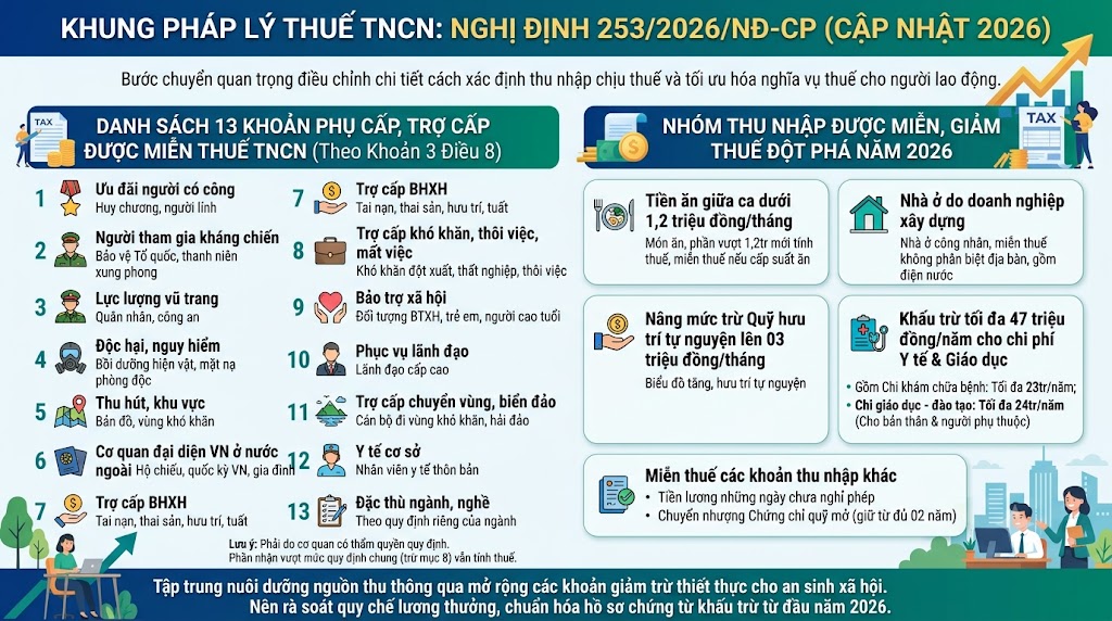 Thuế TNCN 2026: 13 khoản phụ cấp miễn thuế & quyền lợi mới